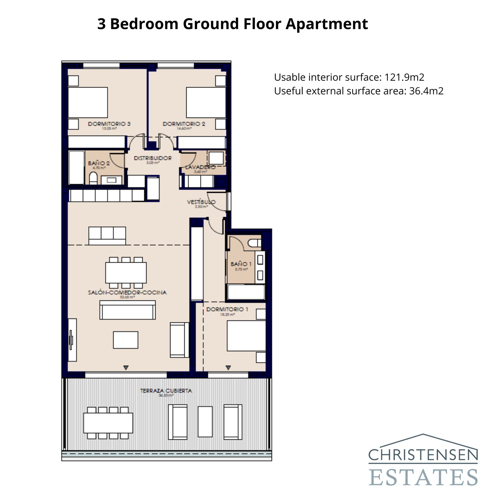 Den romslige planløsningen for en leilighet i første etasje med tre soverom har en sjenerøs overbygd terrasse, ideell for familier og for å nyte det behagelige klimaet på Costa del Sol.
