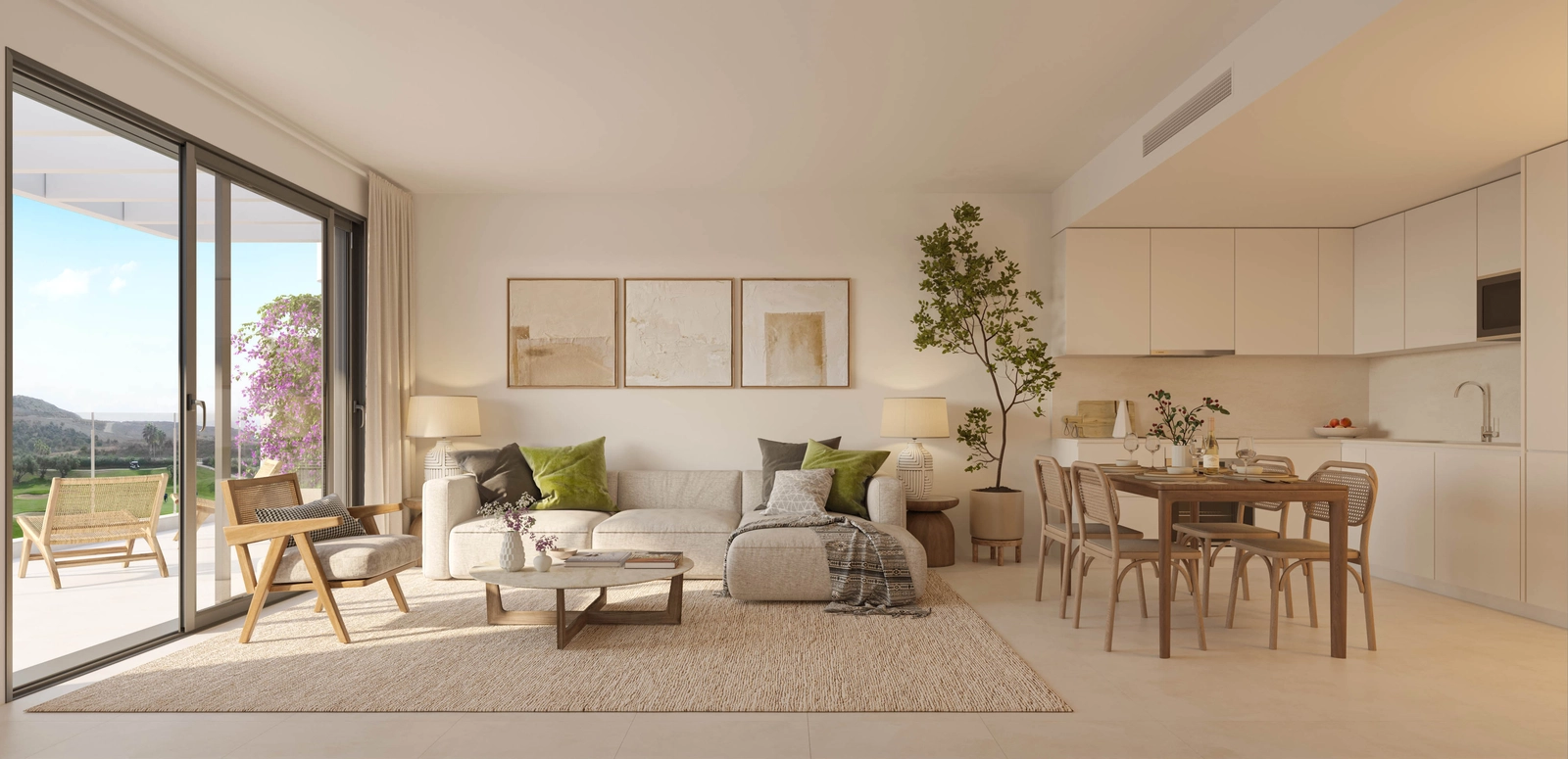 Et moderne og innbydende oppholdsrom, designet for komfort og fylt med naturlig lys.