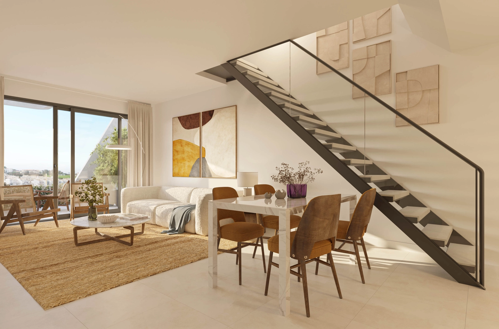 De stilige dupleksleilighetene har rom med dobbel takhøyde og moderne designelementer.