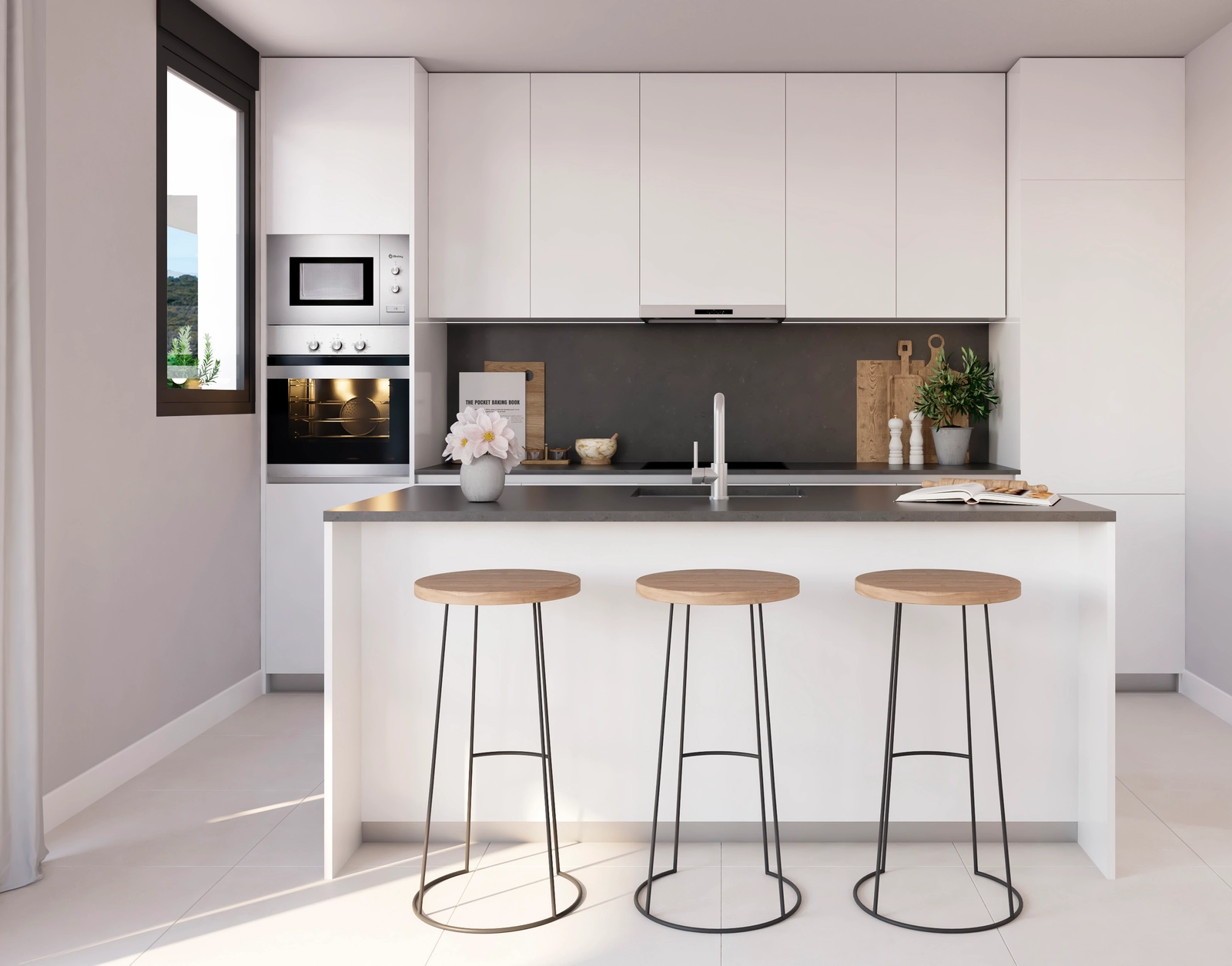 Moderne kjøkken i åpen løsning er fullt utstyrt med energieffektive hvitevarer av høy kvalitet.