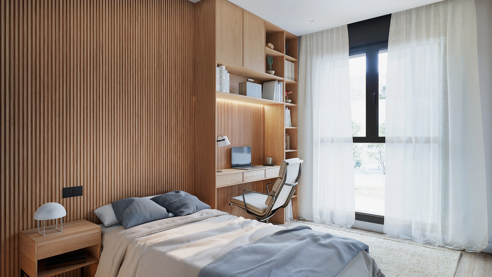 Et veldesignet andre soverom, komplett med integrert skrivebord og lagringsplass, perfekt for familie eller et hjemmekontor.