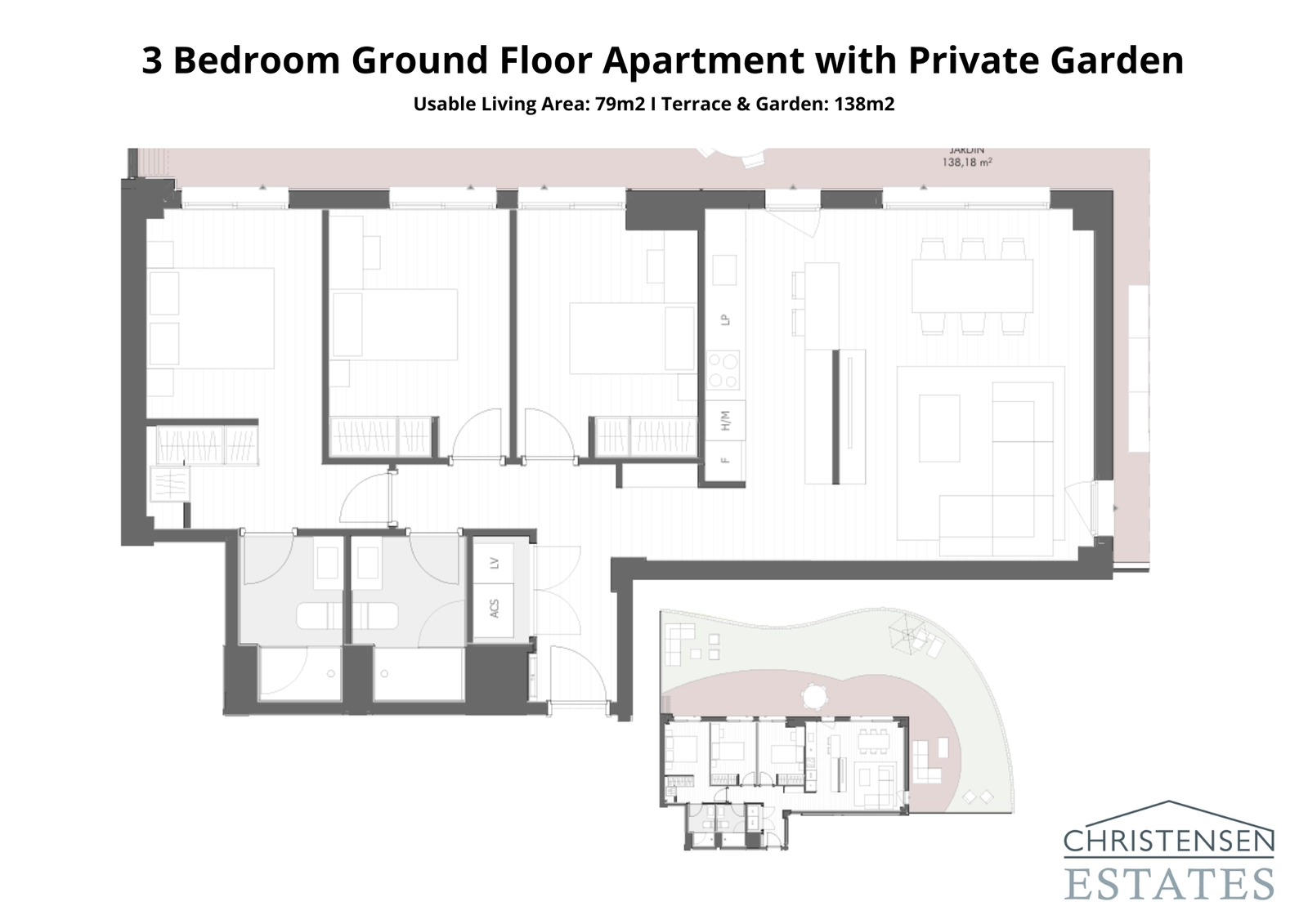Plantegning for leilighet i første etasje med tre soverom, med direkte tilgang til en sjenerøs terrasse og en privat hage, som utvider boarealet utendørs.