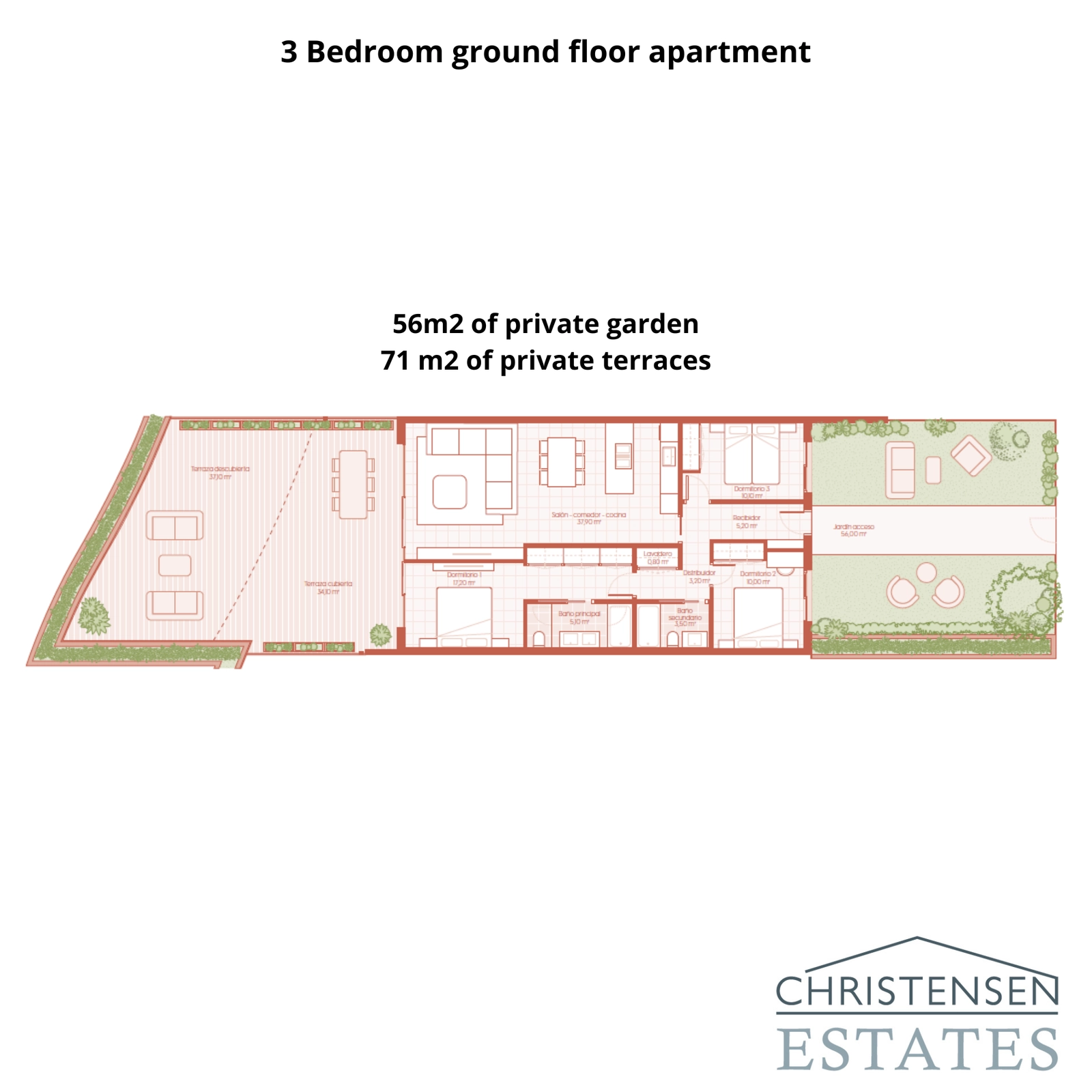 Denne planløsningen for leilighet i første etasje med tre soverom tilbyr romslige interiører som kobles til en sjenerøs terrasse og privat hage, perfekt for utendørsliv.