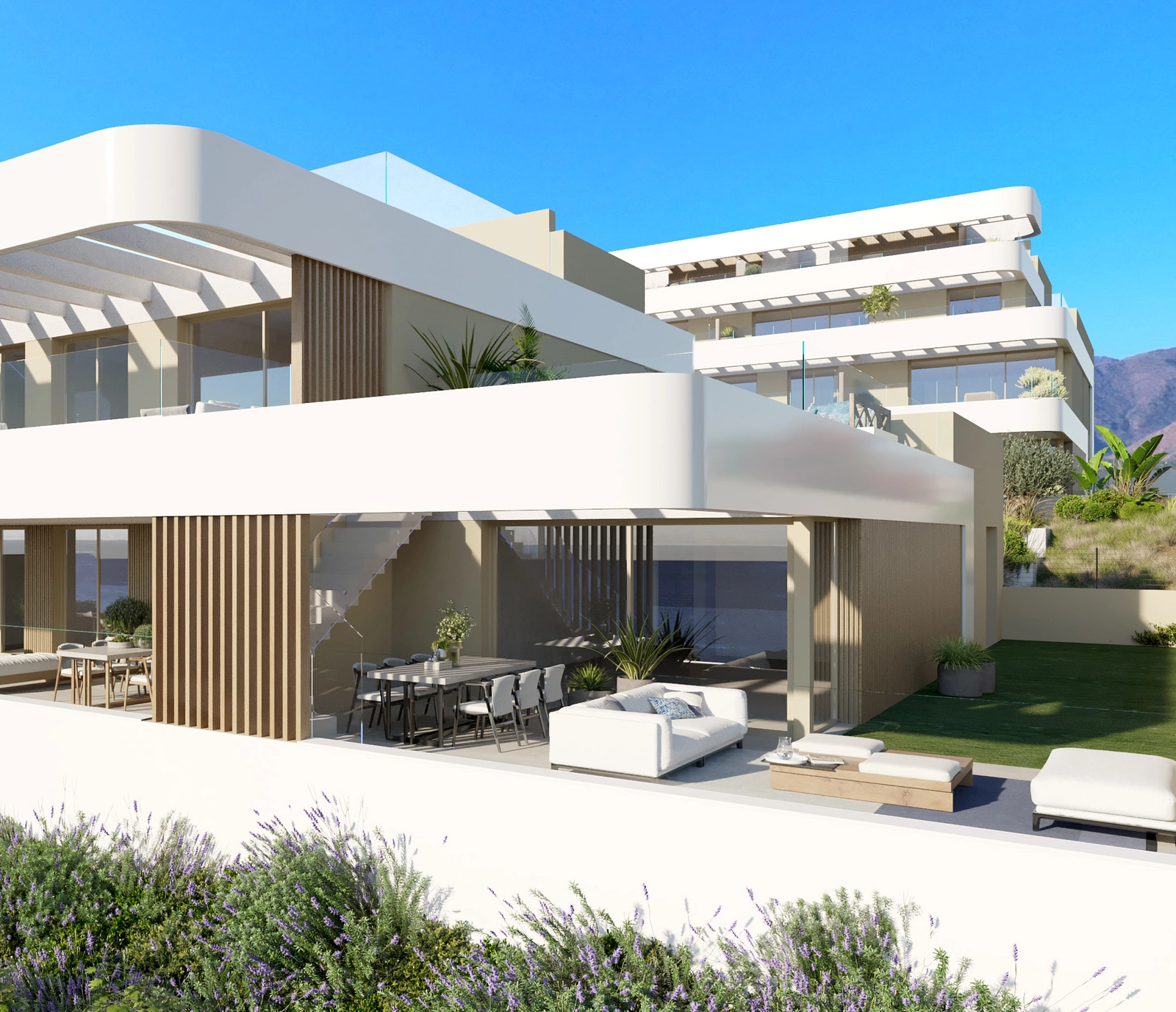 Moderne arkitektur med elegante linjer, designet for å smelte sammen med naturen og maksimere komforten.