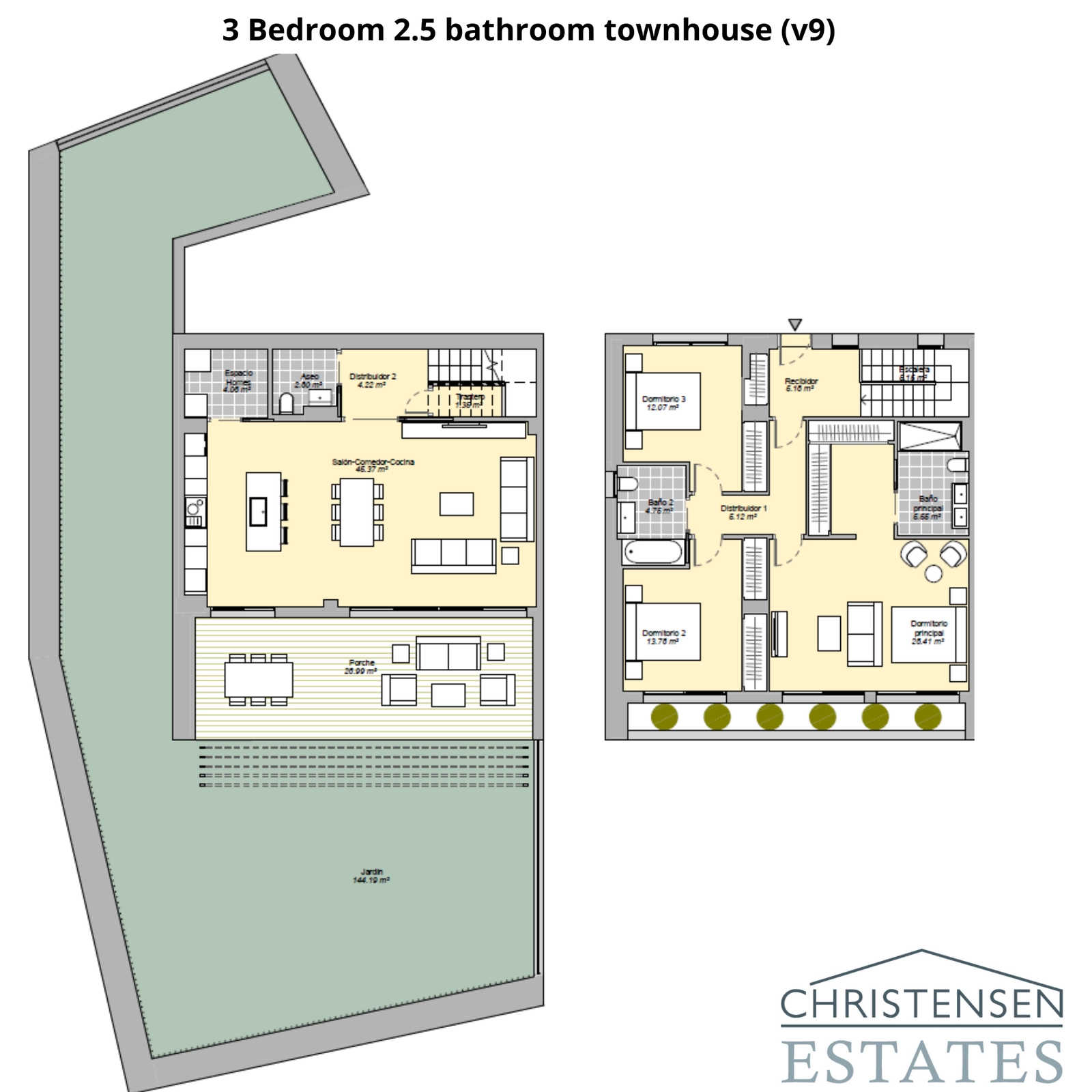 Denne planløsningen for et rekkehus med tre soverom har en stor privat hage og en åpen stue, ideell for et innendørs-utendørs liv.