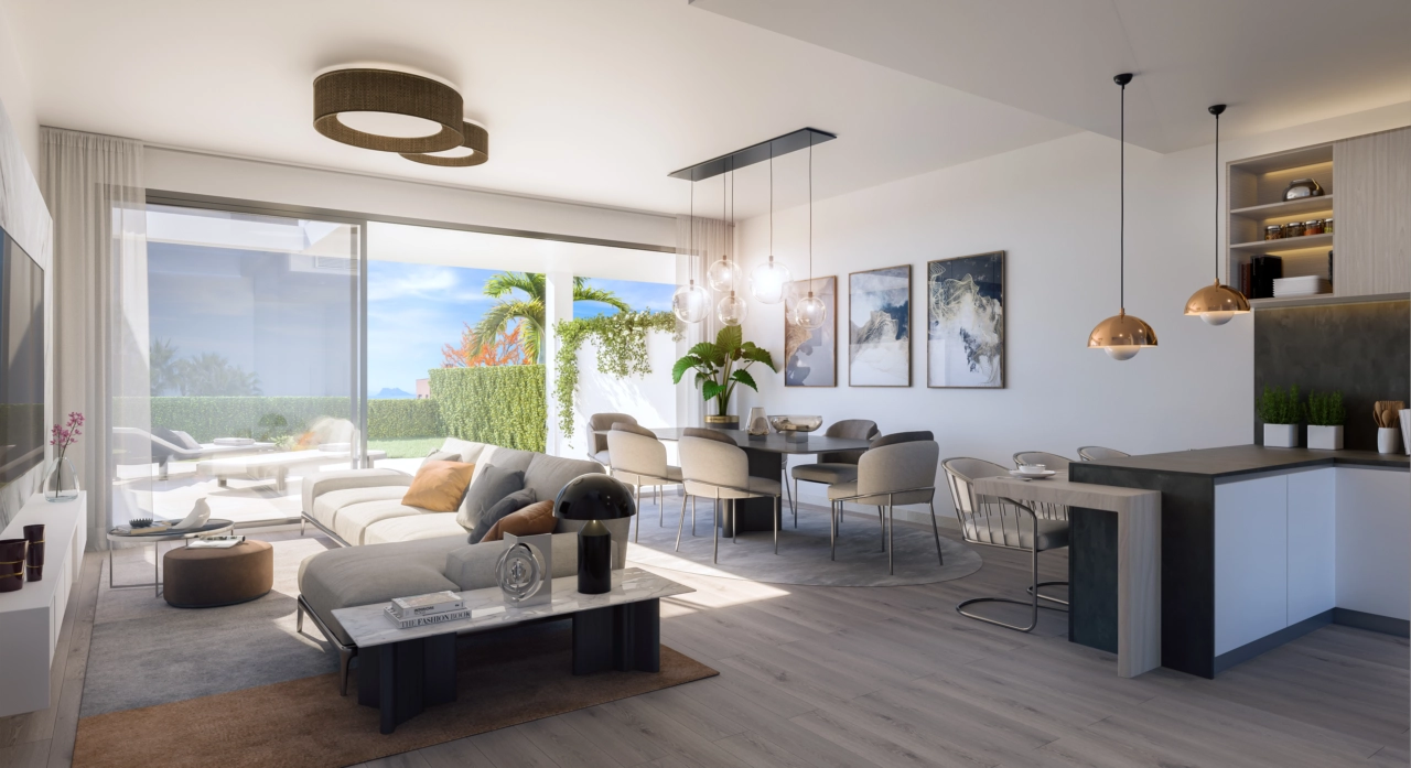 Den lyse og romslige stuen kobles sømløst sammen med den private hagen, noe som skaper en perfekt innendørs- og utendørs livsstil.