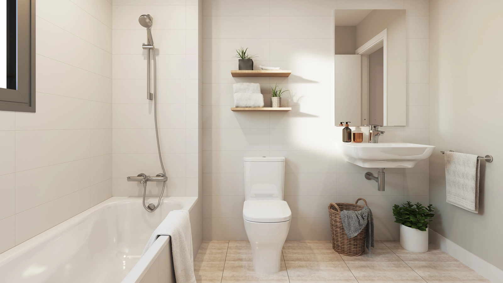 Et lyst og romslig bad med badekar og moderne, høykvalitets finish.