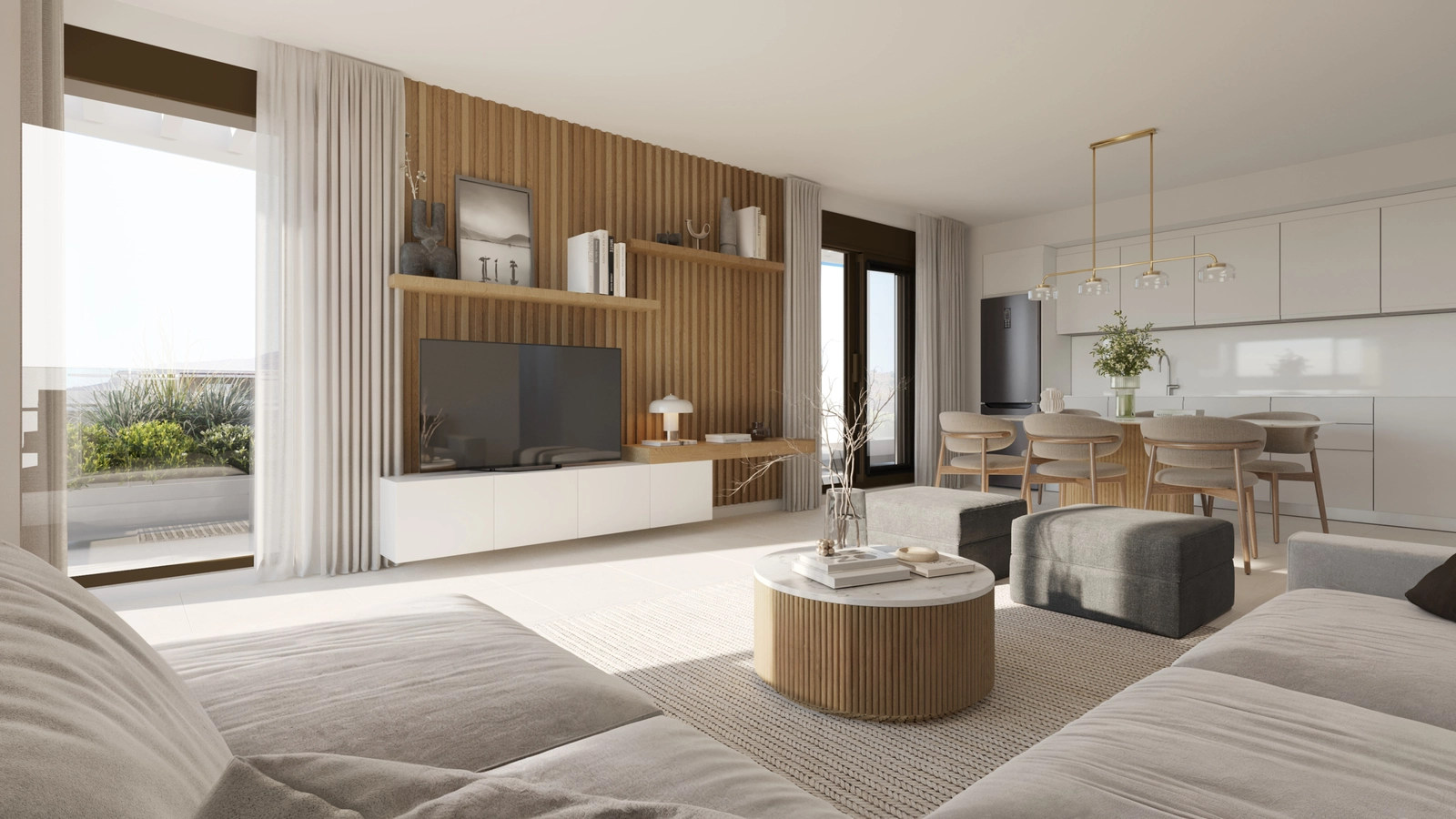 En utsikt over det moderne oppholdsrommet, som viser det integrerte kjøkkenet og elegante designdetaljer.