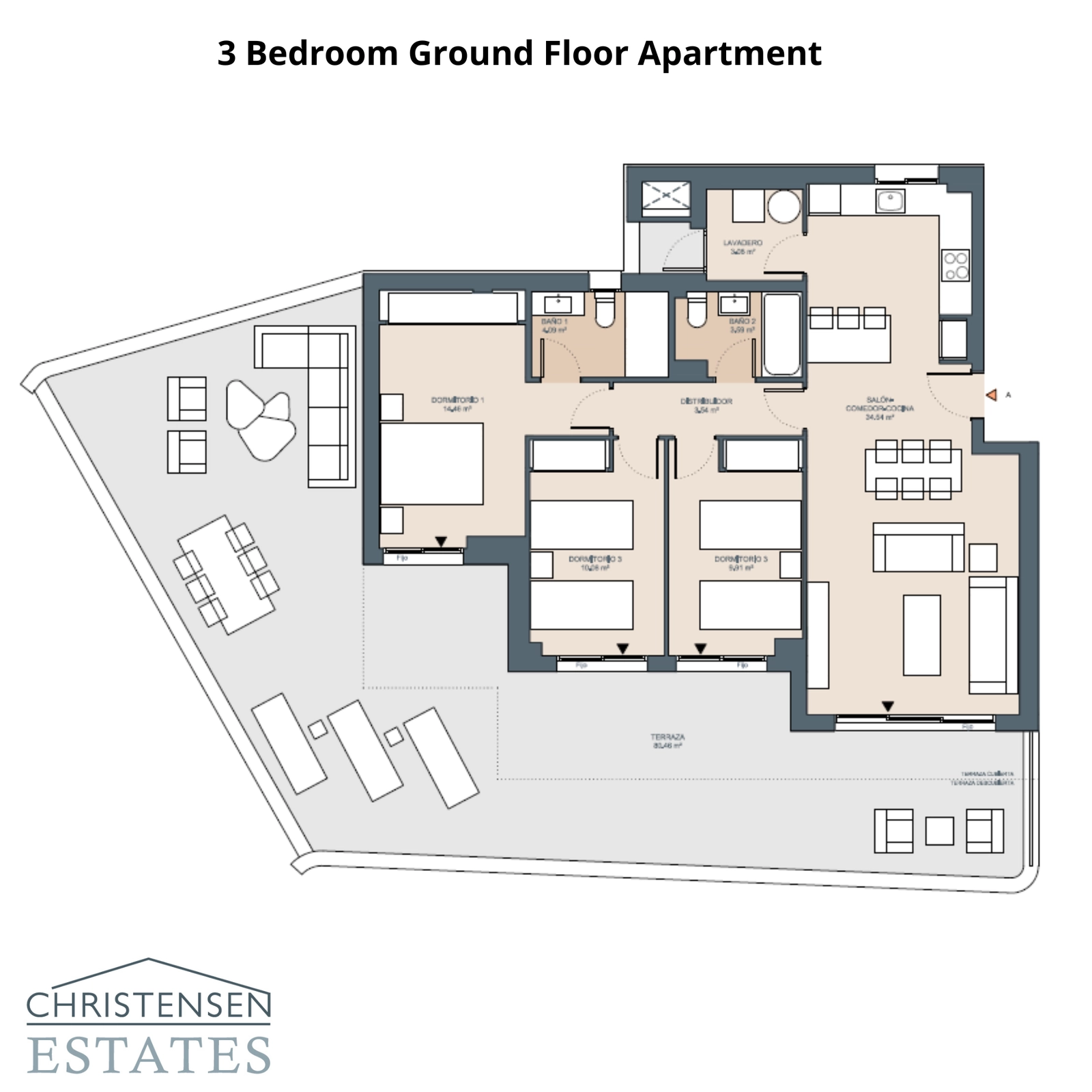 Denne planløsningen for en tre-roms leilighet i første etasje fremhever en sjenerøs terrasse og hage, som utvider boarealet utendørs.