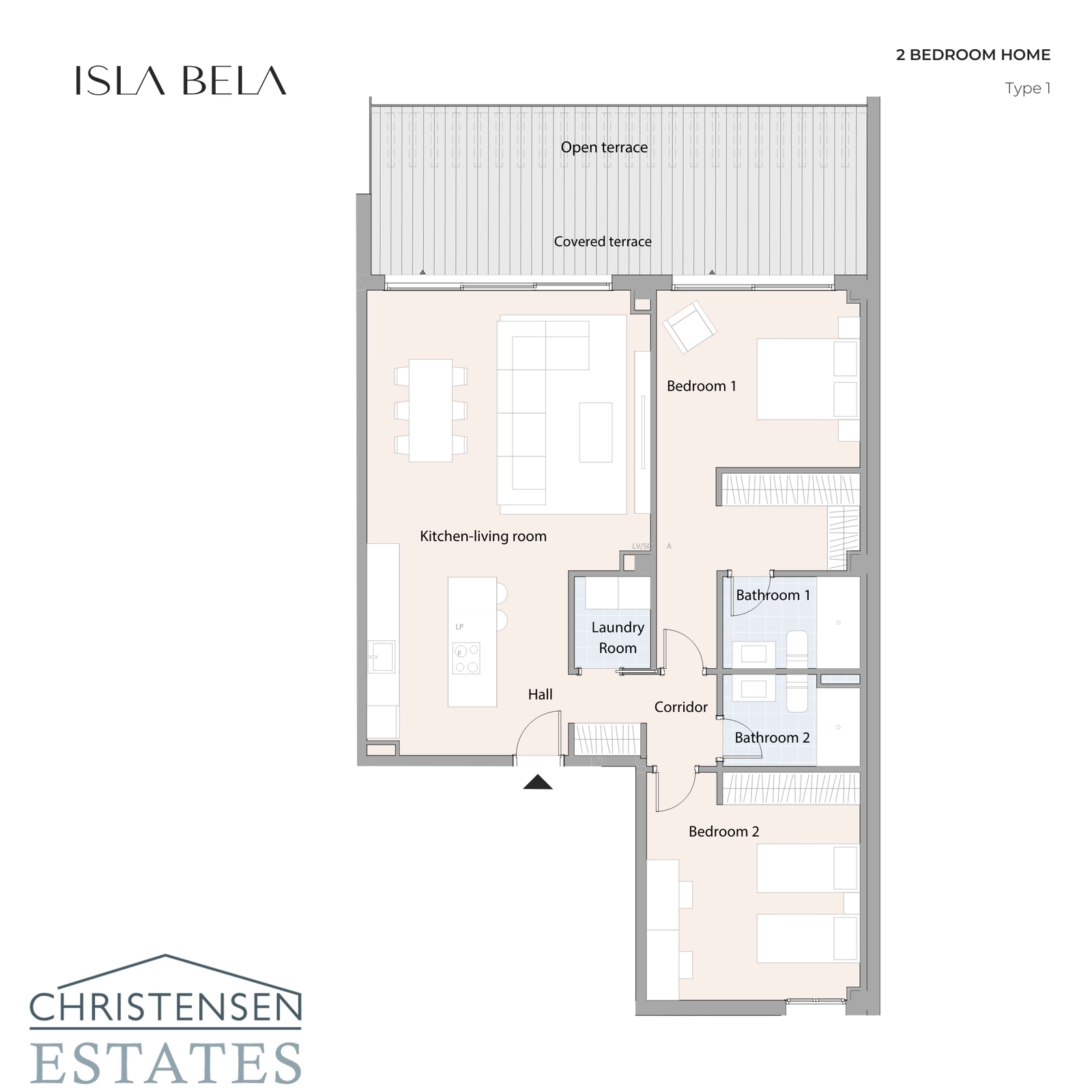 Leilighetsplan med to soverom, med et smart design som forbinder oppholdsrommet med en stor, overbygd og åpen terrasse.