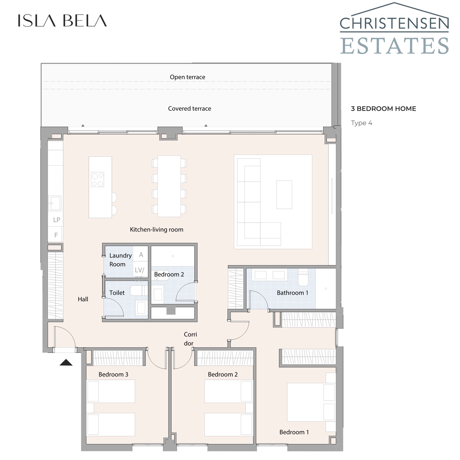 Plantegning for leilighet med tre soverom, som tilbyr en balansert fordeling av plass for familieliv og privatliv.