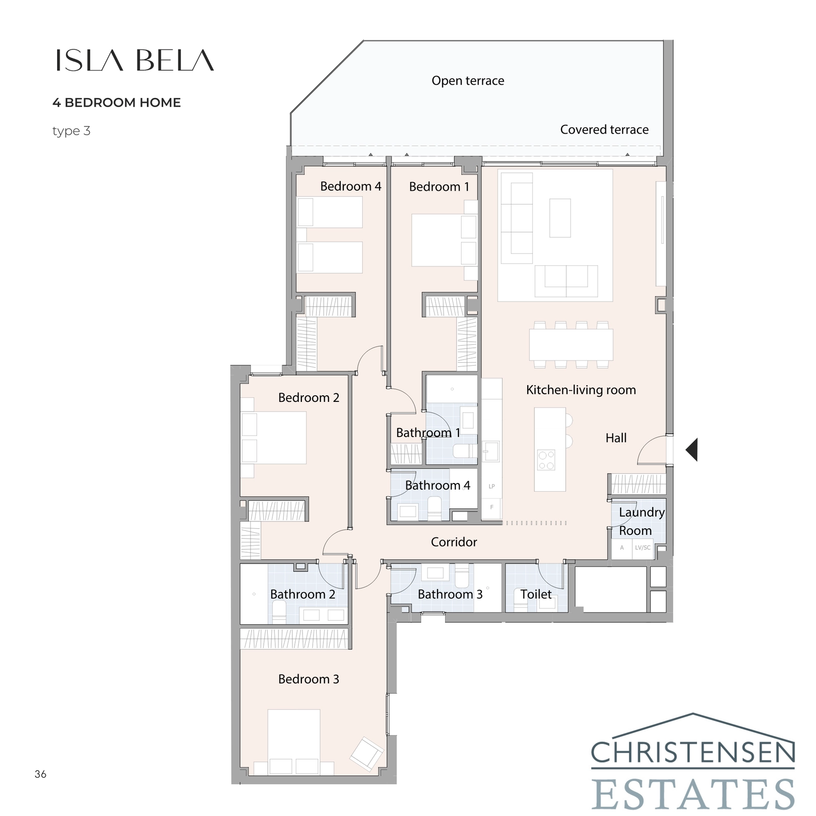 Plantegning for bolig med fire soverom, som gir rikelig med plass og flere bad for den ultimate familieluksusen og komforten.