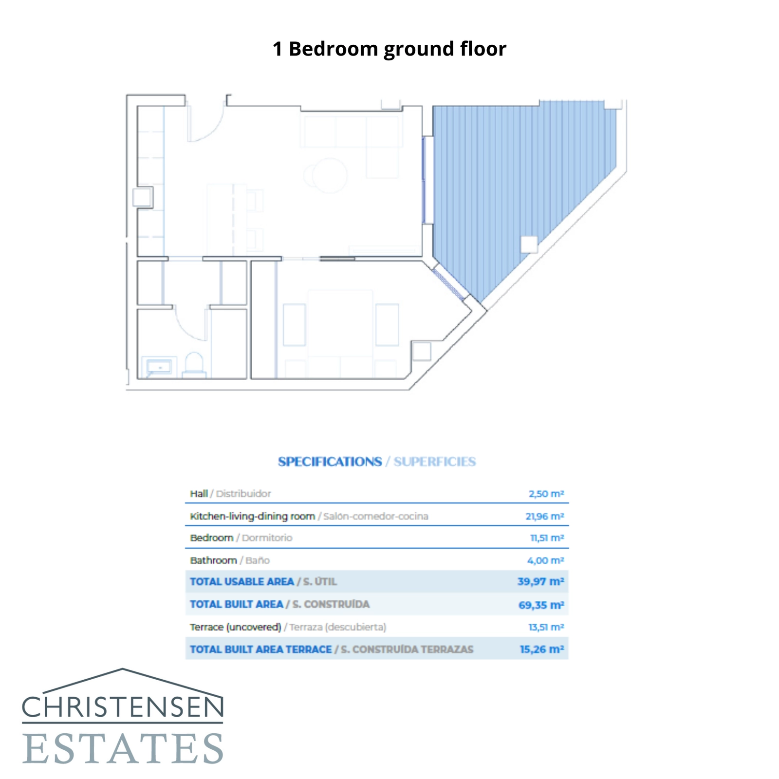 Denne planløsningen for ettromsleiligheten i første etasje viser et velproporsjonert oppholdsrom som strekker seg ut til en romslig privat terrasse.