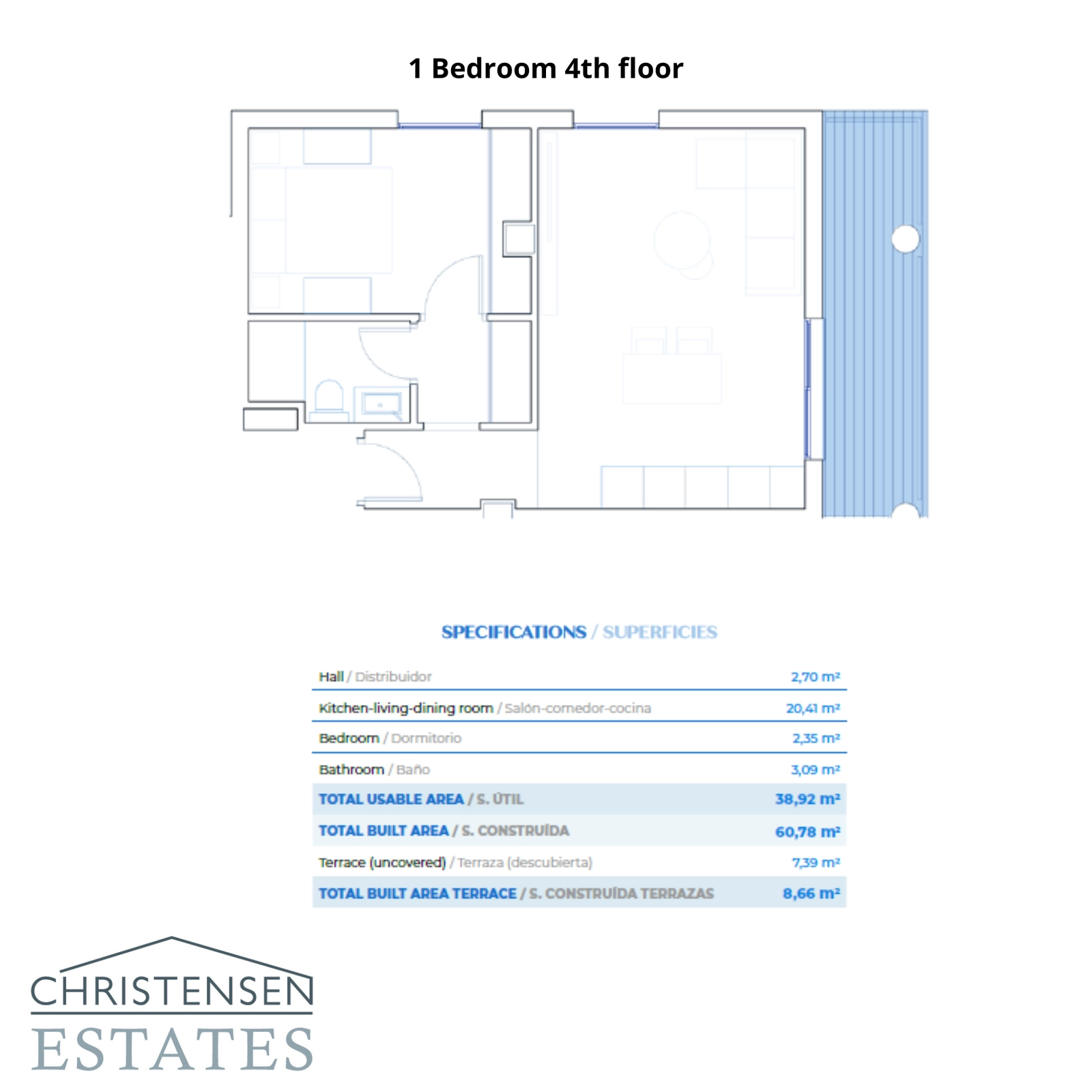 Den effektive og stilfulle planløsningen for en ettromsbolig i femte etasje, med et åpent oppholdsrom og en terrasse for å nyte utsikten.