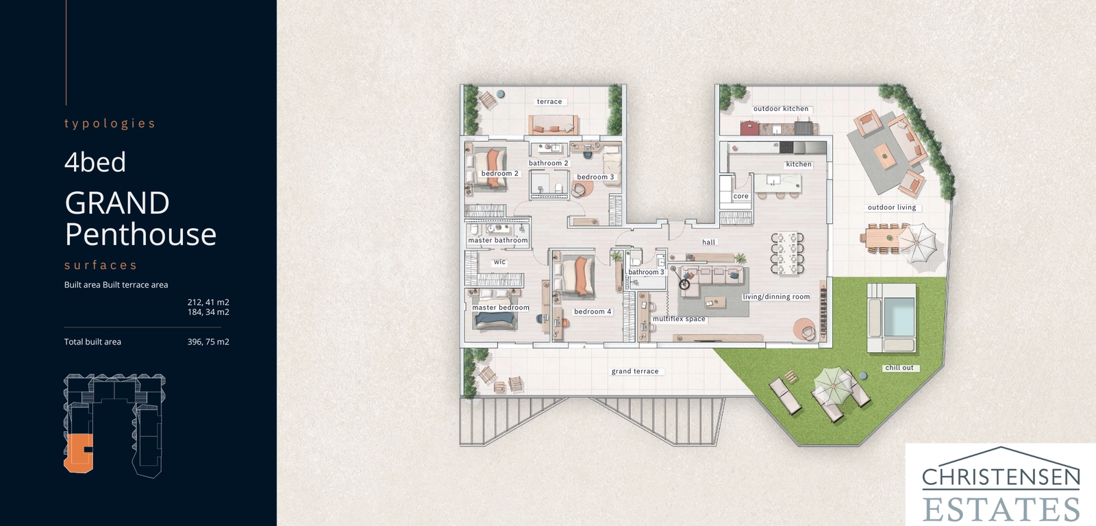 Planløsning med fire soverom, 'Grand Penthouse'. Dette ekspansive hjemmet tilbyr fire romslige soverom og flere terrasser for eksepsjonell komfort og underholdning.