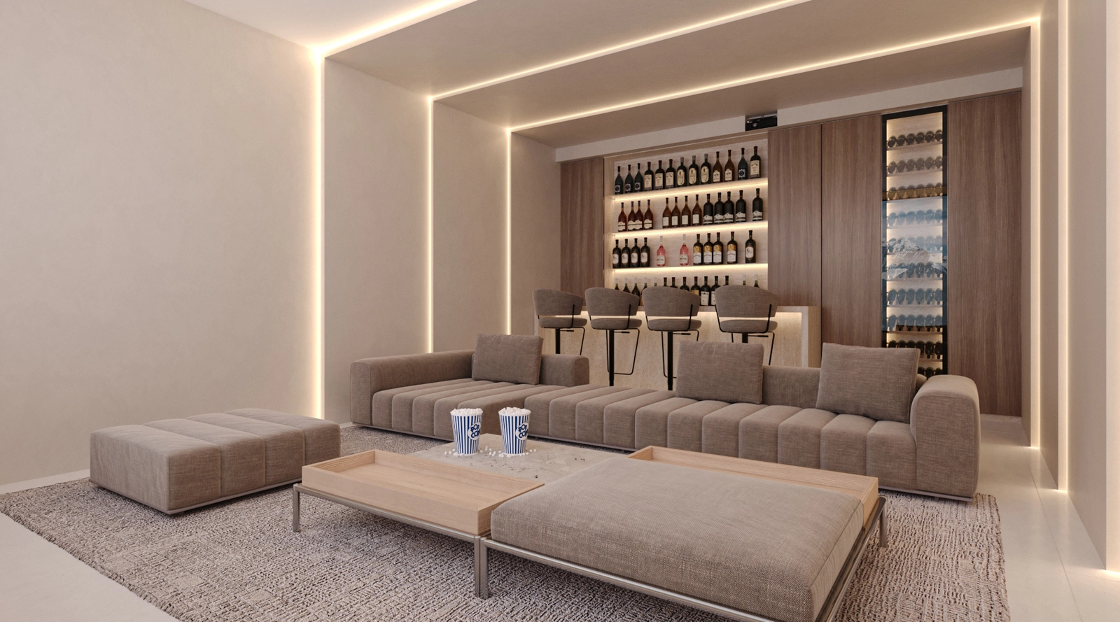 Den fleksible kjelleretasjen inkluderer en sofistikert hjemmekino og et privat barområde.