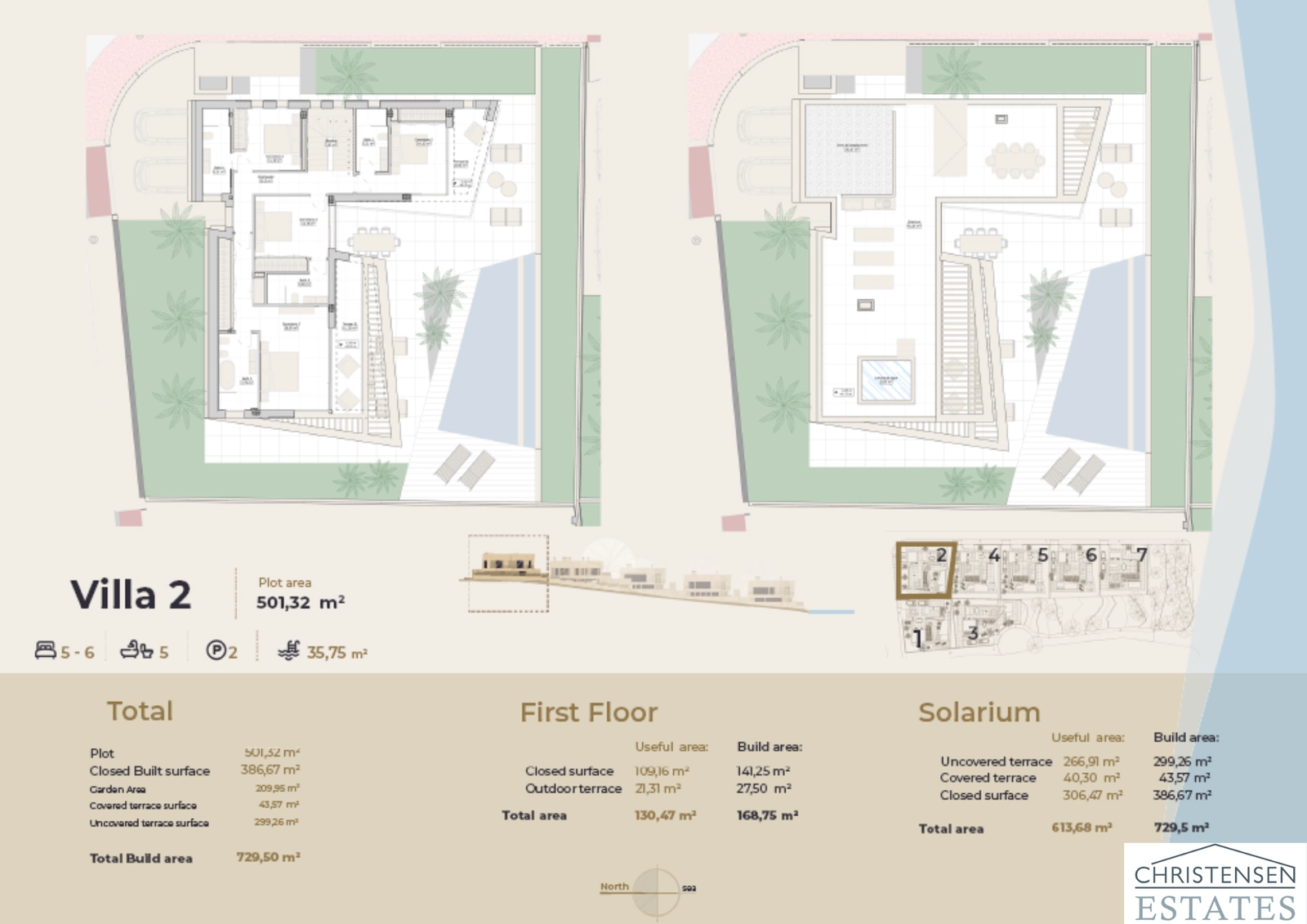 Plantegninger for de øvre etasjene i enebolig 2, med flere soveromssuiter og et stort taksolarium.