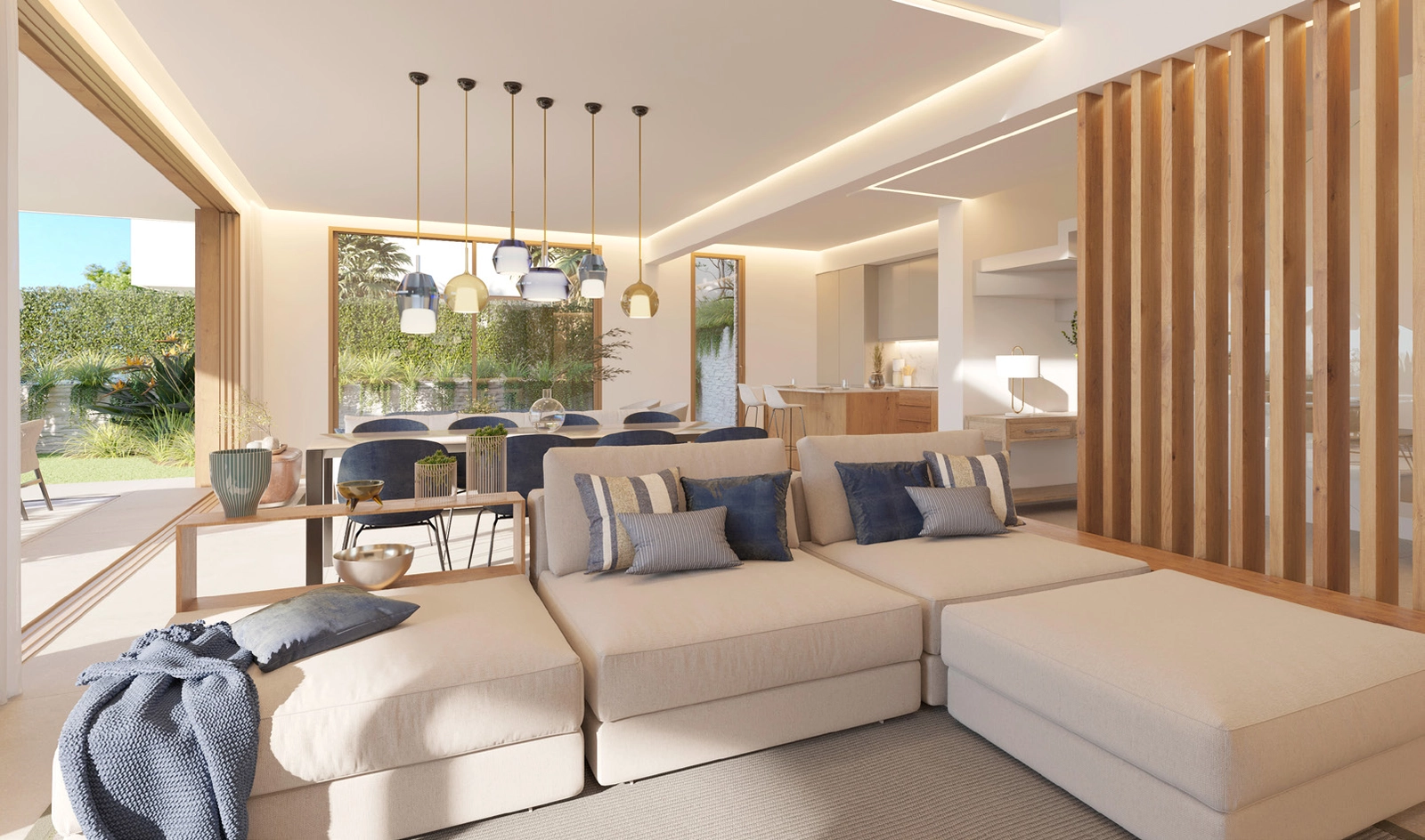 Åpne interiører kobles sømløst til utendørsterrassen, og skaper et perfekt sted for underholdning.