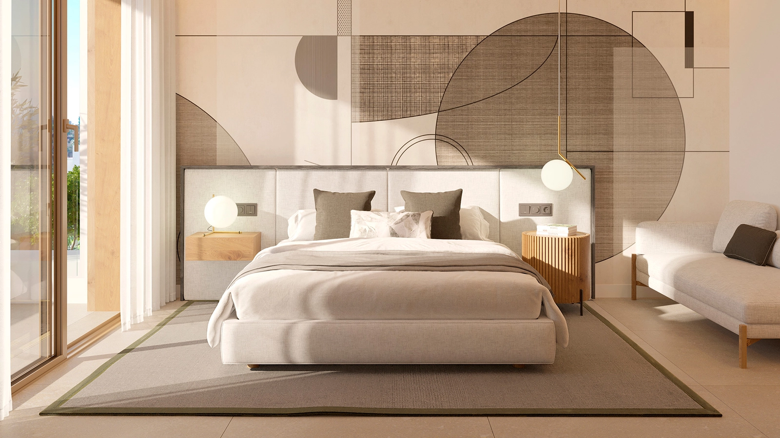 Hovedsoverommet er et fristed for fred og stil, med rikelig naturlig lys.