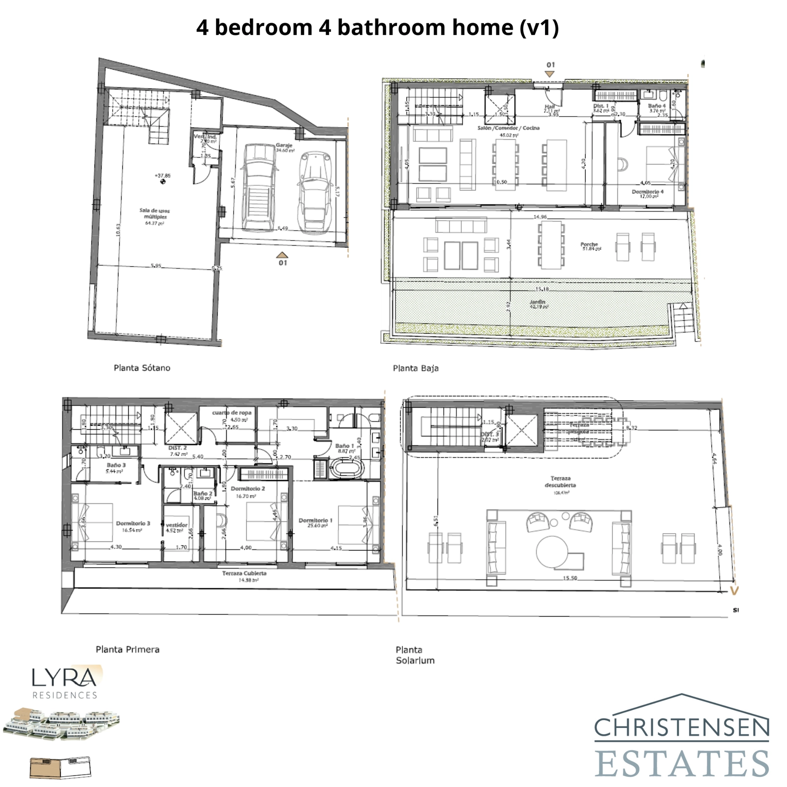 Denne fire-etasjes plantegningen viser en romslig bolig med 4 soverom, med detaljer om den private garasjen, åpen stue, soverom og det store taksolariet.