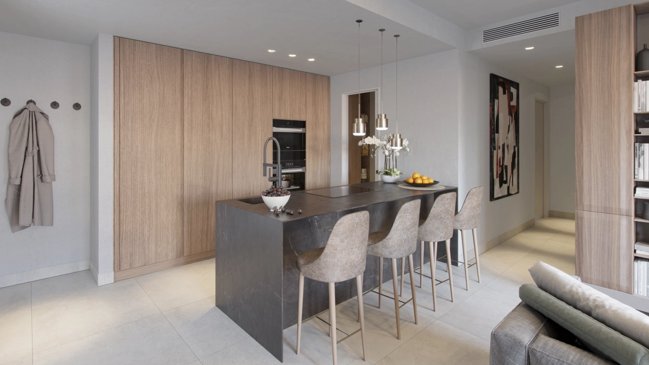 Moderne kjøkken er fullt utstyrt med hvitevarer av høy kvalitet og førsteklasses overflater.