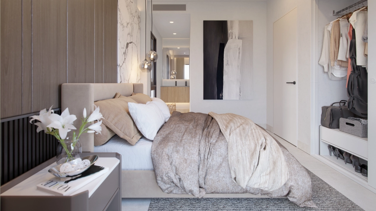 Elegante designdetaljer på tvers av soverommene skaper en rolig og sofistikert atmosfære.