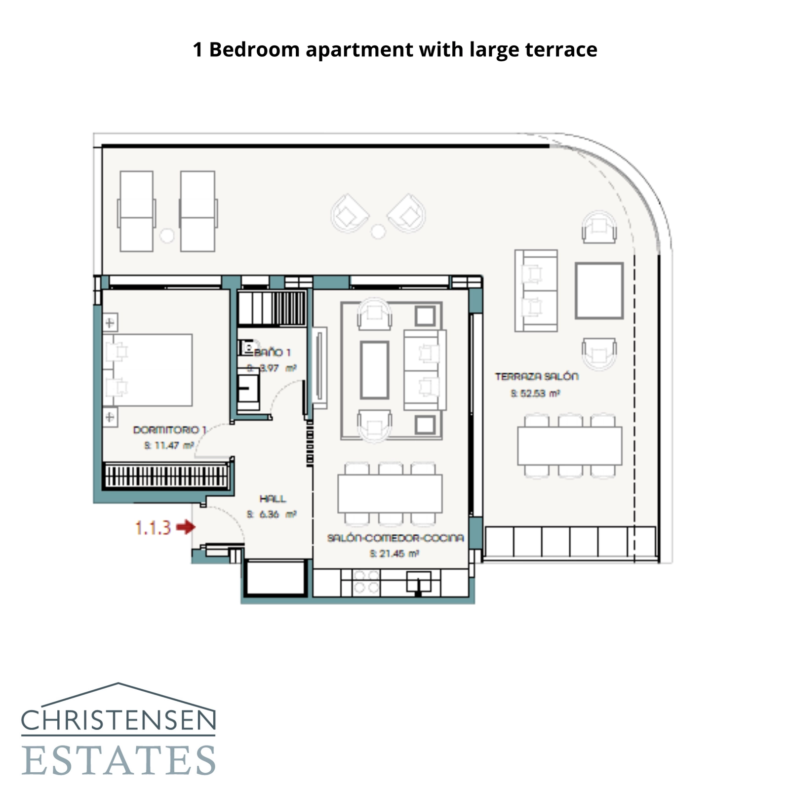 Plantegning for en leilighet med ett soverom, med et sjenerøst åpen planløsning stueområde som strekker seg ut til en svært stor terrasse, perfekt for å nyte utsikten.