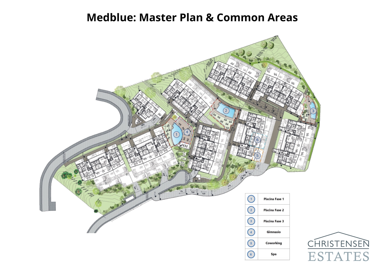 Masterplanen illustrerer den gjennomtenkte utformingen av fellesskapet, inkludert bassenger, treningsstudio, spa og coworking-områder satt i anlagte hager.