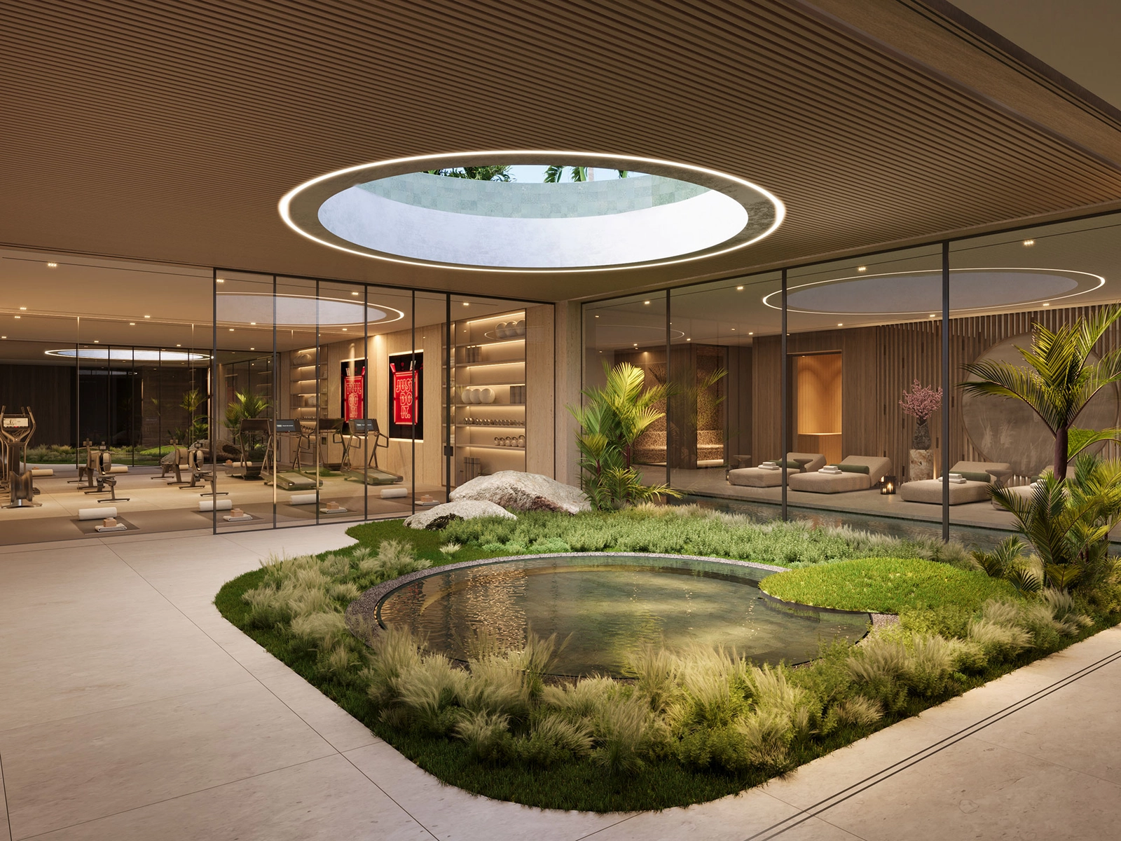 Eksklusive velvære-fasiliteter inkluderer et toppmoderne treningsrom og spa.