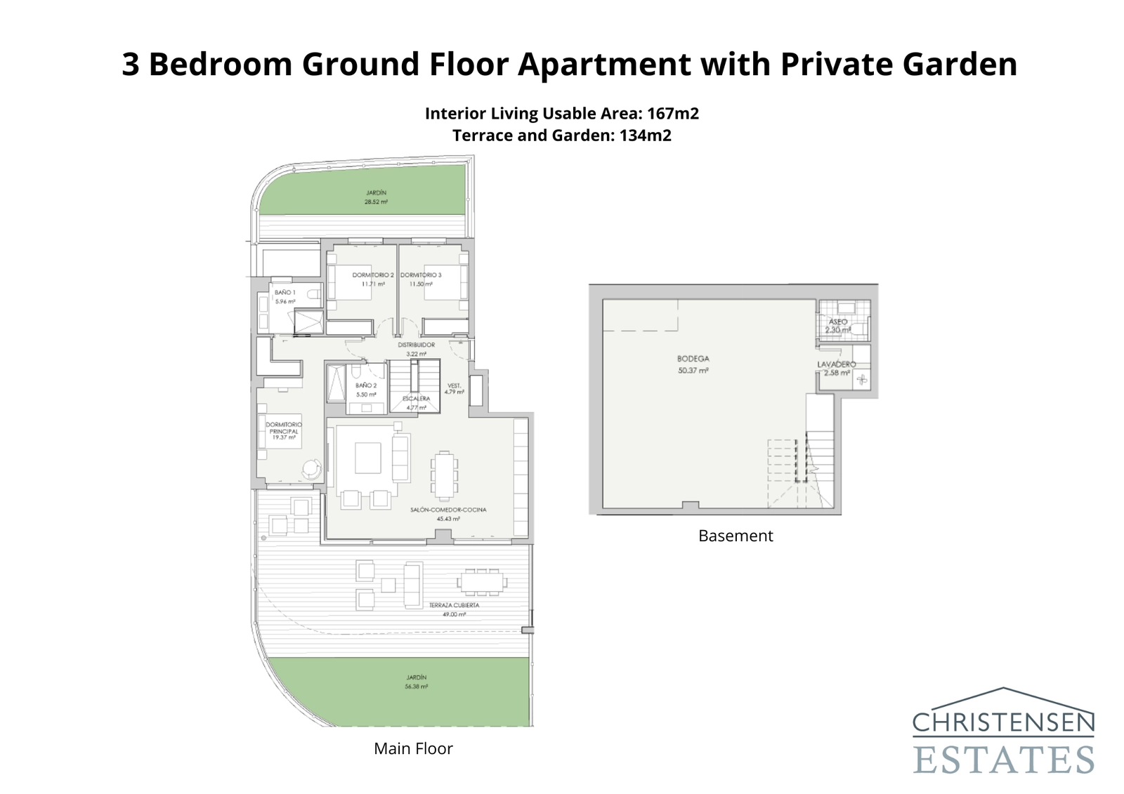 Plantegning for en tre-roms leilighet i første etasje, med sjenerøs innvendig plass, en stor terrasse, privat hage og et fleksibelt kjellerplan.