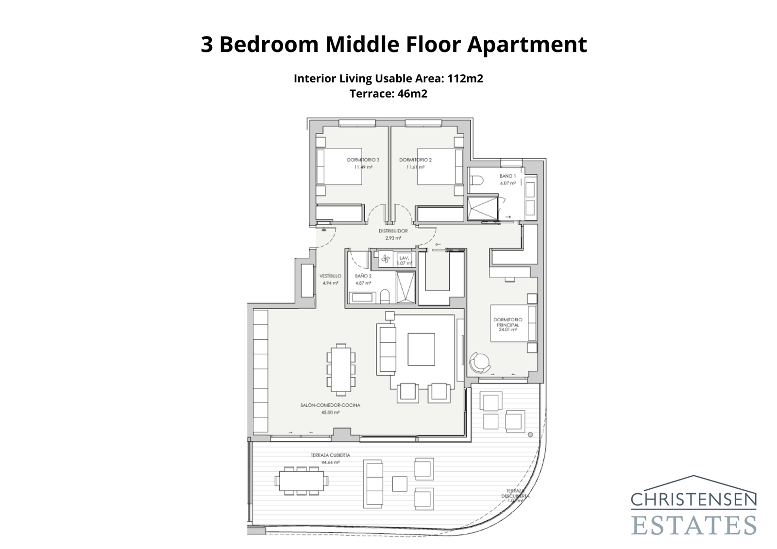Utformingen av en tre-roms leilighet, designet med en åpen stue som flyter ut på en romslig overbygd terrasse for optimal inne-ute-livsstil.