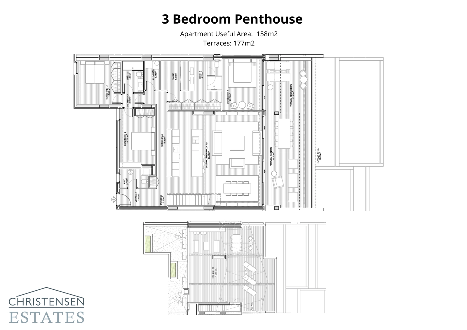 Oppdag det eksepsjonelle designet av et tre-roms penthouse, komplett med et stort taksolarium for en uovertruffen livsstil.