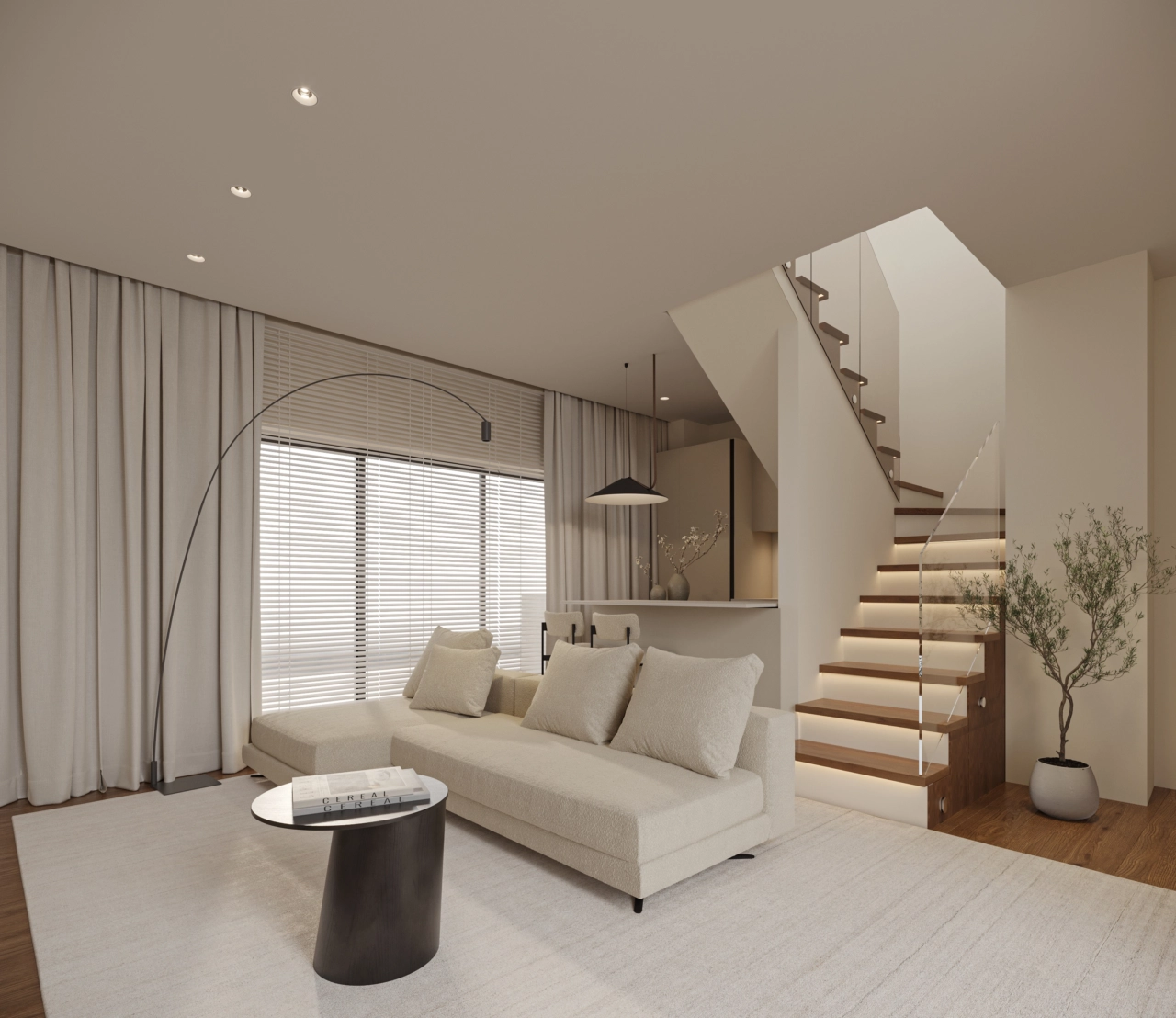 Elegant dupleks-leilighet med en moderne trapp, som kombinerer funksjonalitet med sofistikert design.