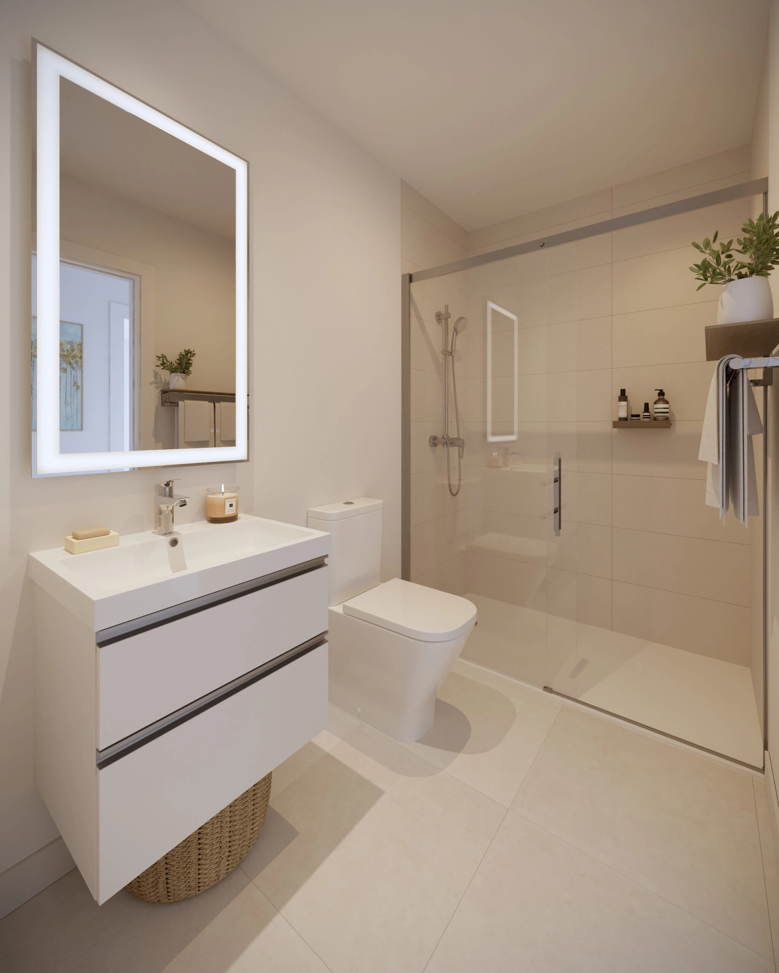 Et moderne bad med armaturer av høy kvalitet og et rent, friskt design.