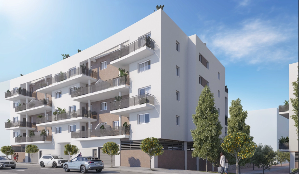 En utsikt over det moderne arkitektoniske designet til Los Olivos Residencial, et nytt landemerke i Velez-Malaga.