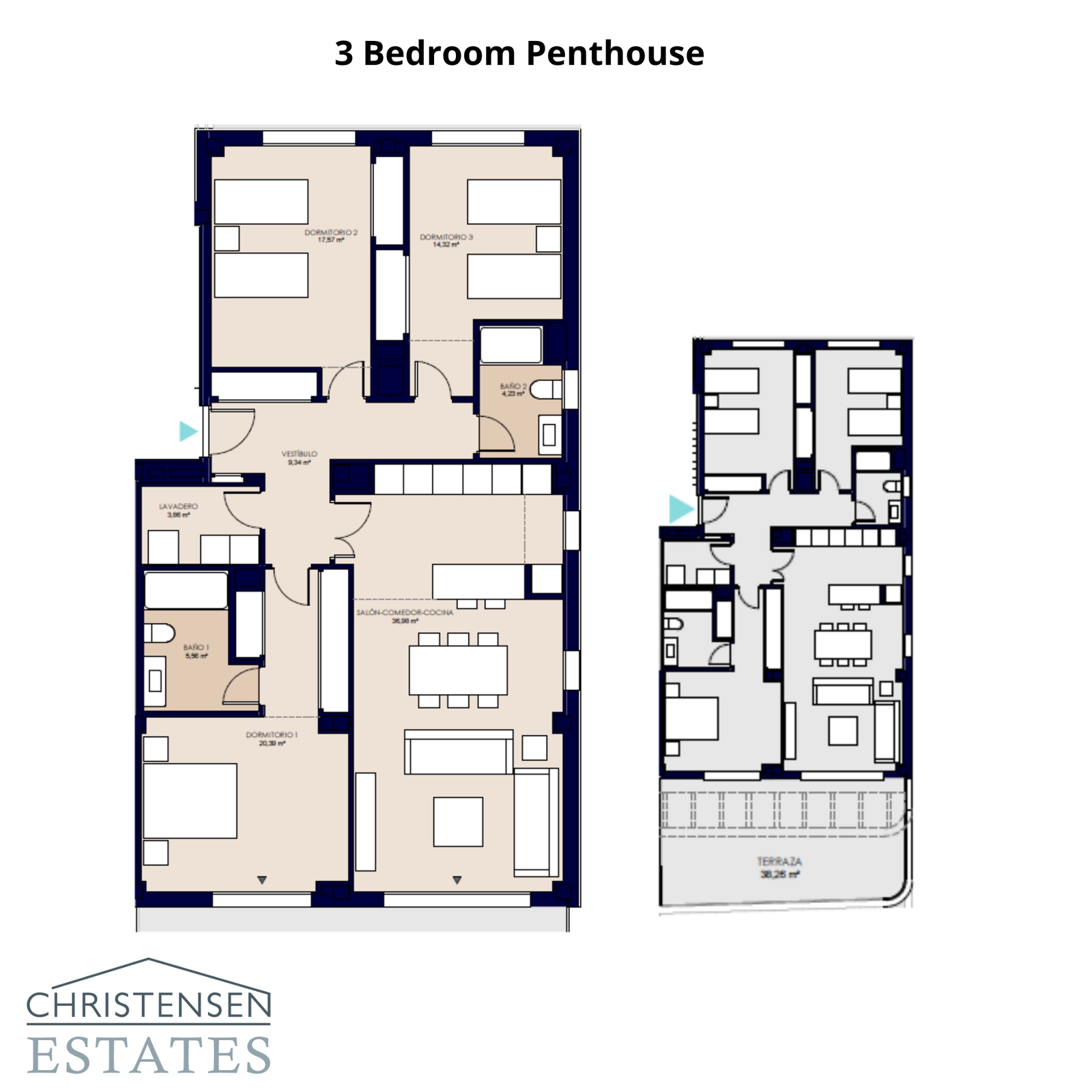Plantegningen for en penthouseleilighet med tre soverom, som fremhever det romslige stueområdet og terrassen.