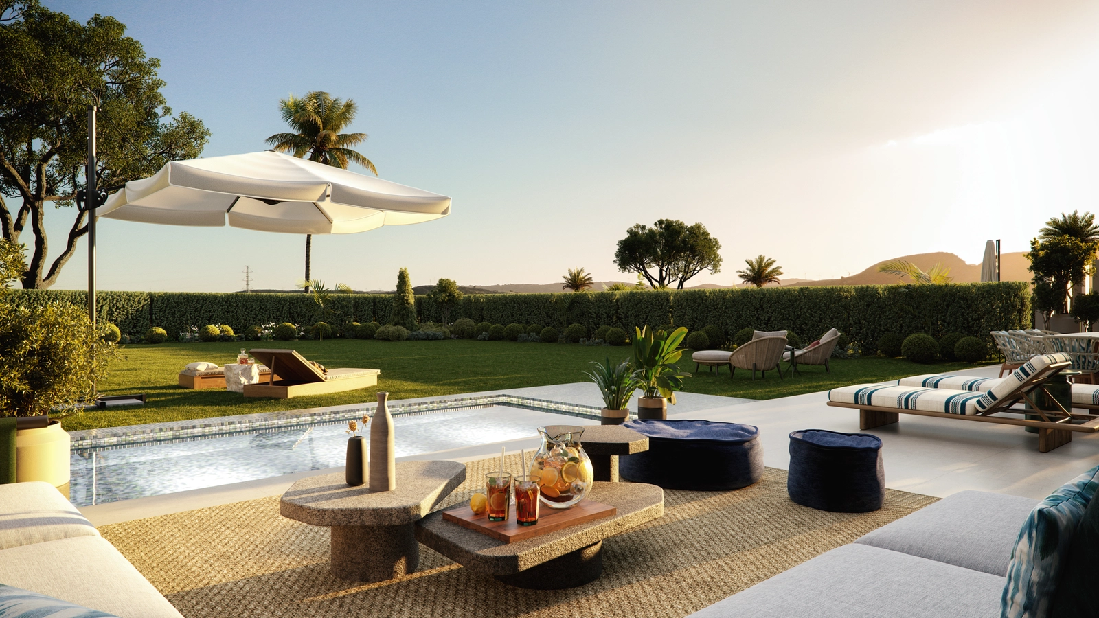 Utvalgte leiligheter i første etasje har private hager og svømmebasseng for optimal avslapning.