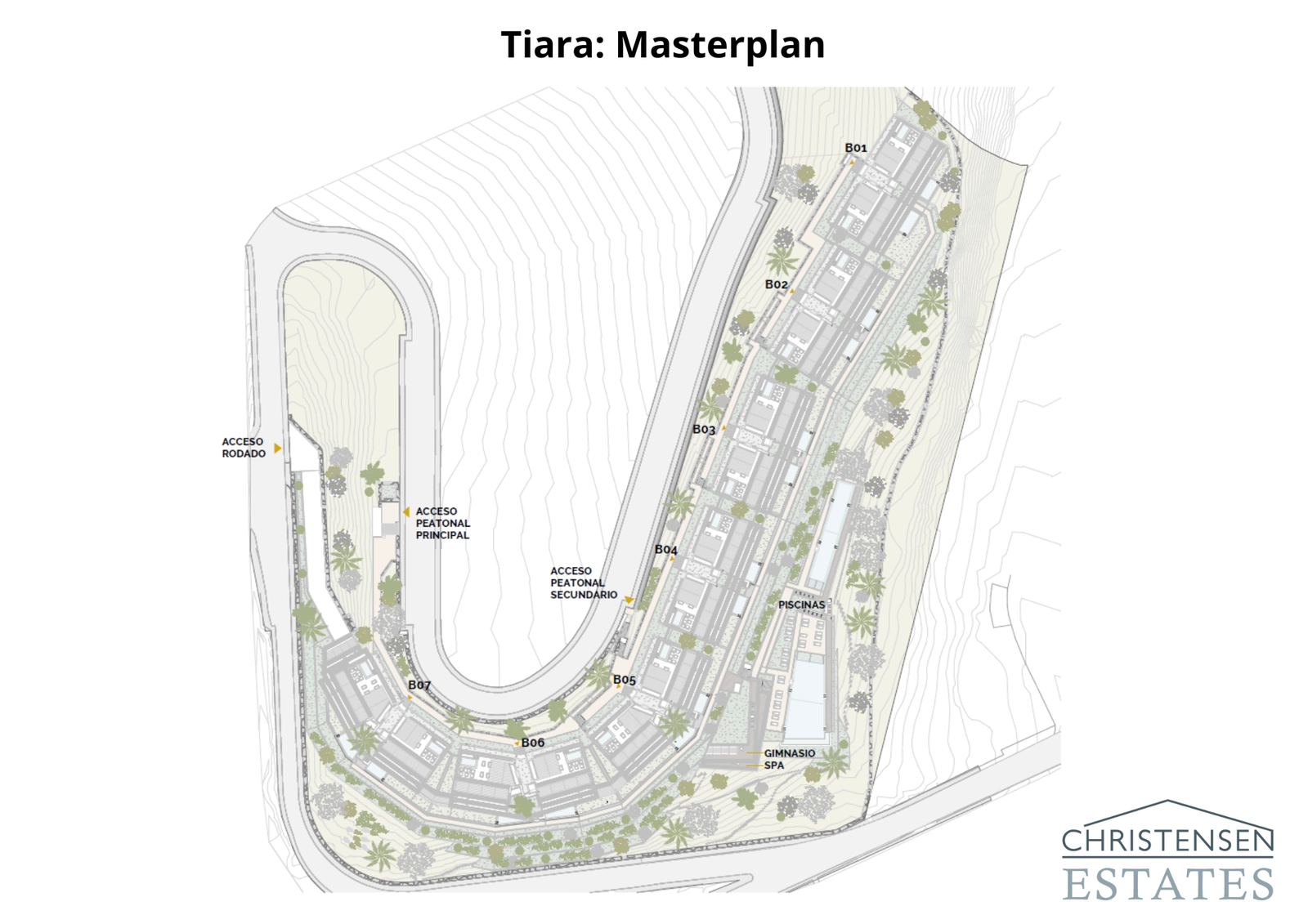 Masterplanen illustrerer den gjennomtenkte plasseringen av de syv boligblokkene for å maksimere utsikt, privatliv og tilgang til felleshagen og bassengene.