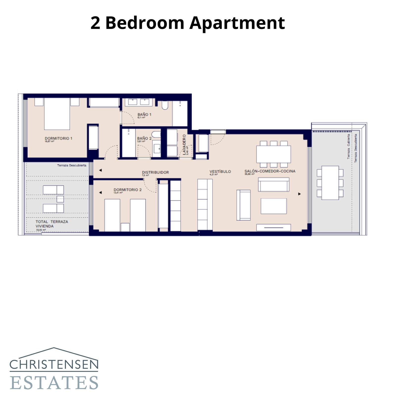 Denne planløsningen viser en leilighet med to soverom, designet for komfort med en romslig terrasse.