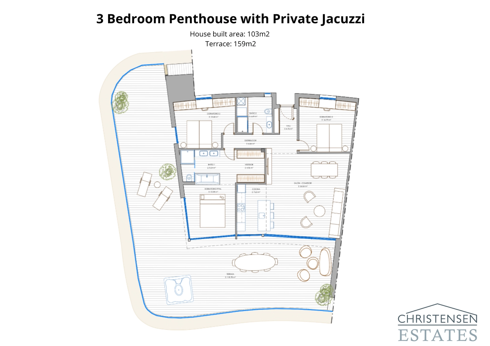 Den store 3-roms toppleilighetsplanen viser en omfattende omsluttende terrasse med en privat jacuzzi, designet for ultimat luksus og privatliv.