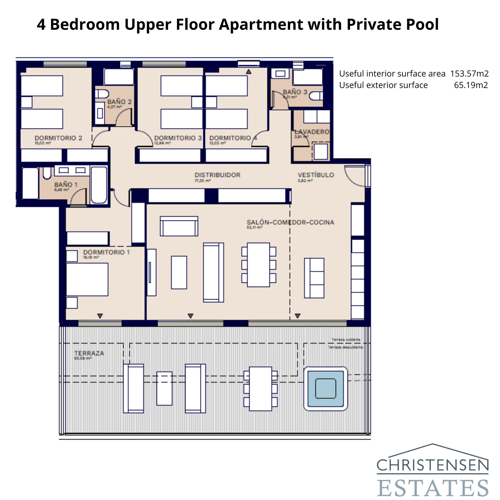En eksepsjonell bolig i øvre etasje med fire soverom, en stor terrasse med privat svømmebasseng og panoramautsikt.