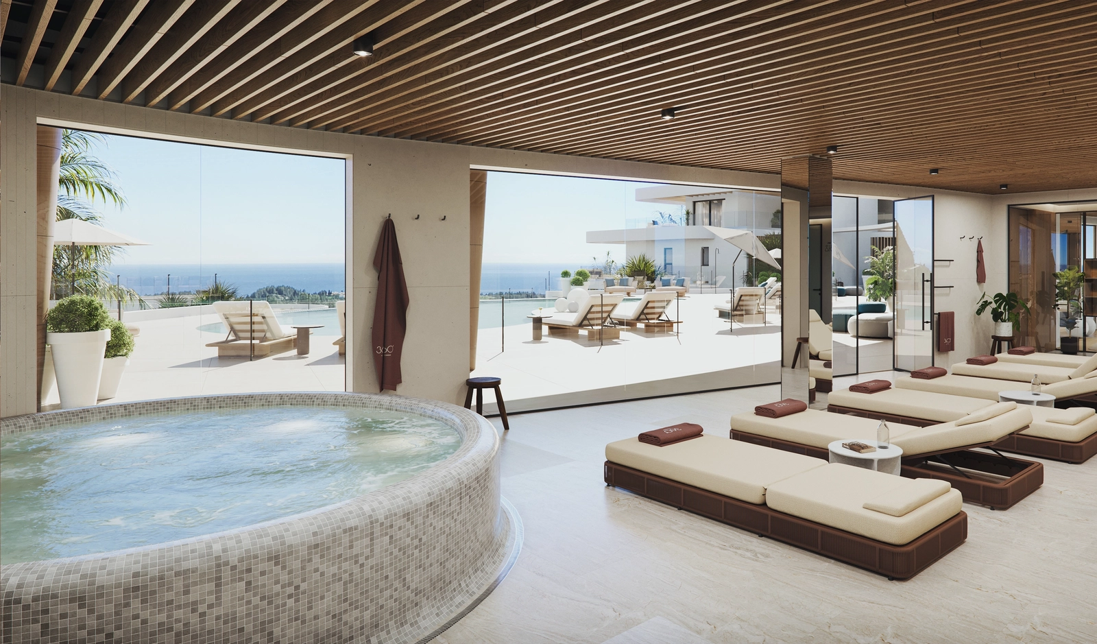 Ett lugnt wellnessområde med spa och jacuzzi, perfekt för vila och återhämtning på Costa del Sol.